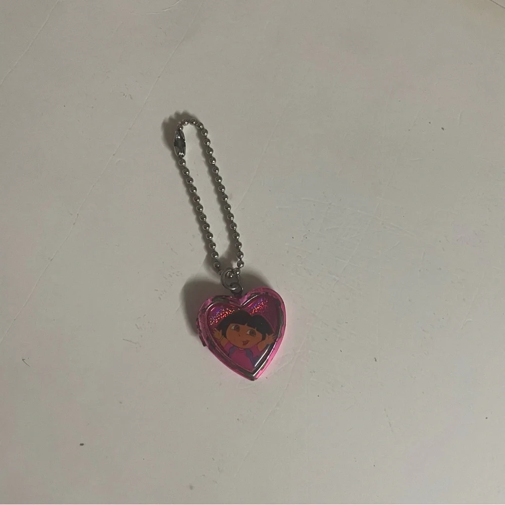 Vintage Dora The Explorer Kids Pink Heart Locket Necklace with Silver Chain